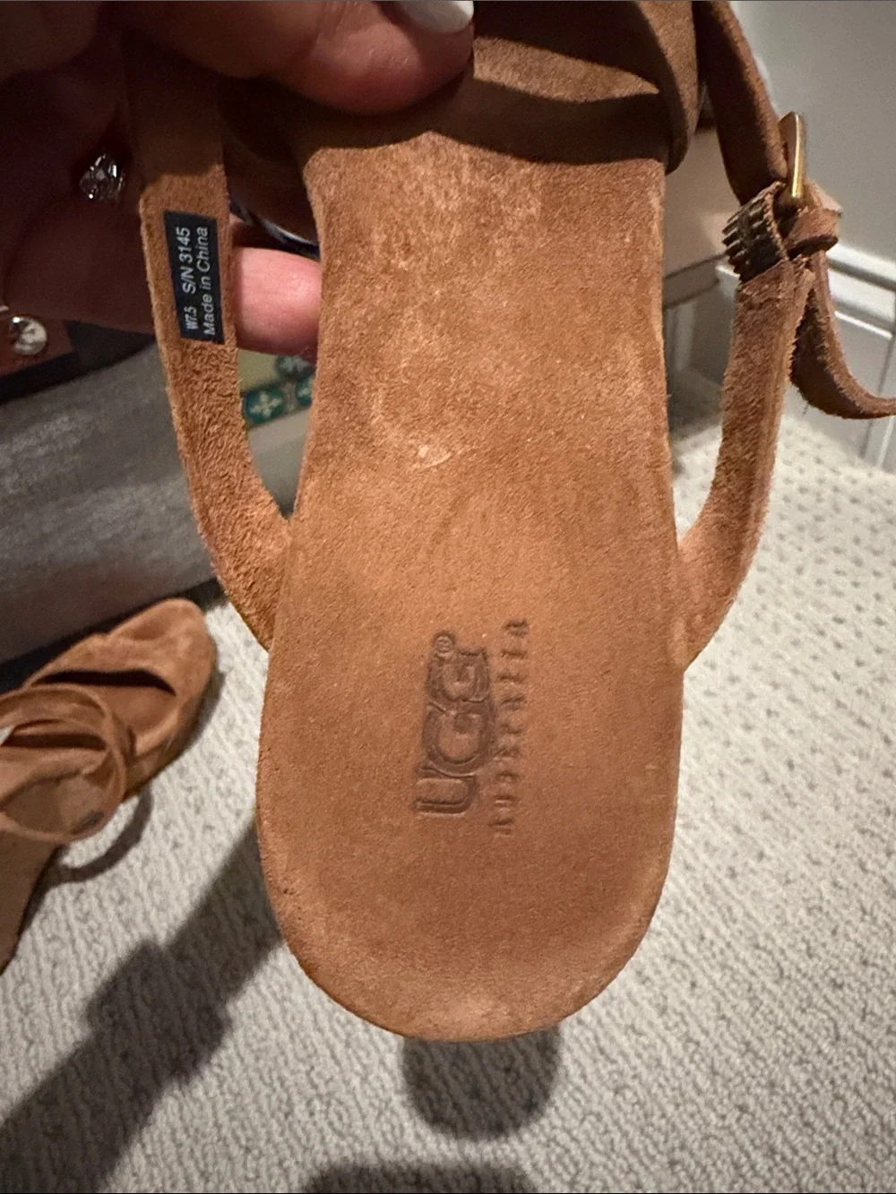 UGG Tan Suede Cork Wedge Sandals with Buckle Strap
